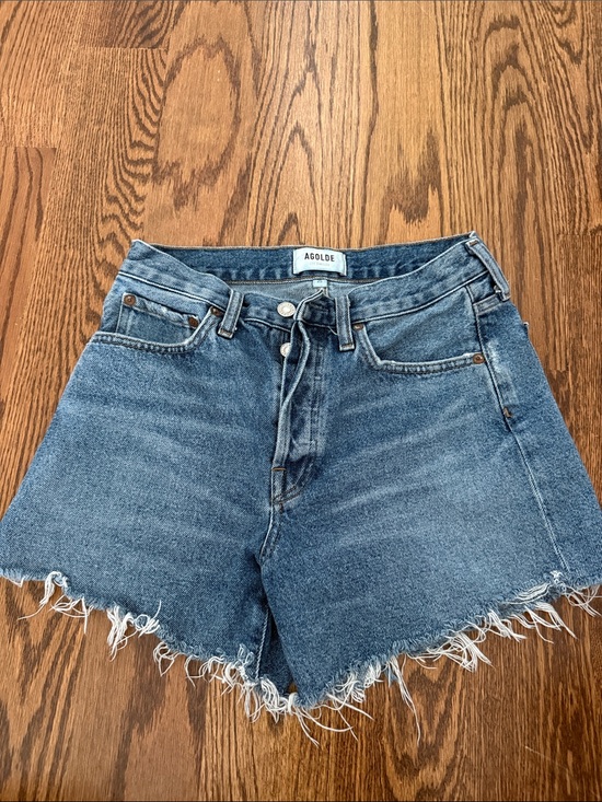 Agolde Pants - Agolde Medium Blue High-Rise Frayed Hem Denim Shorts